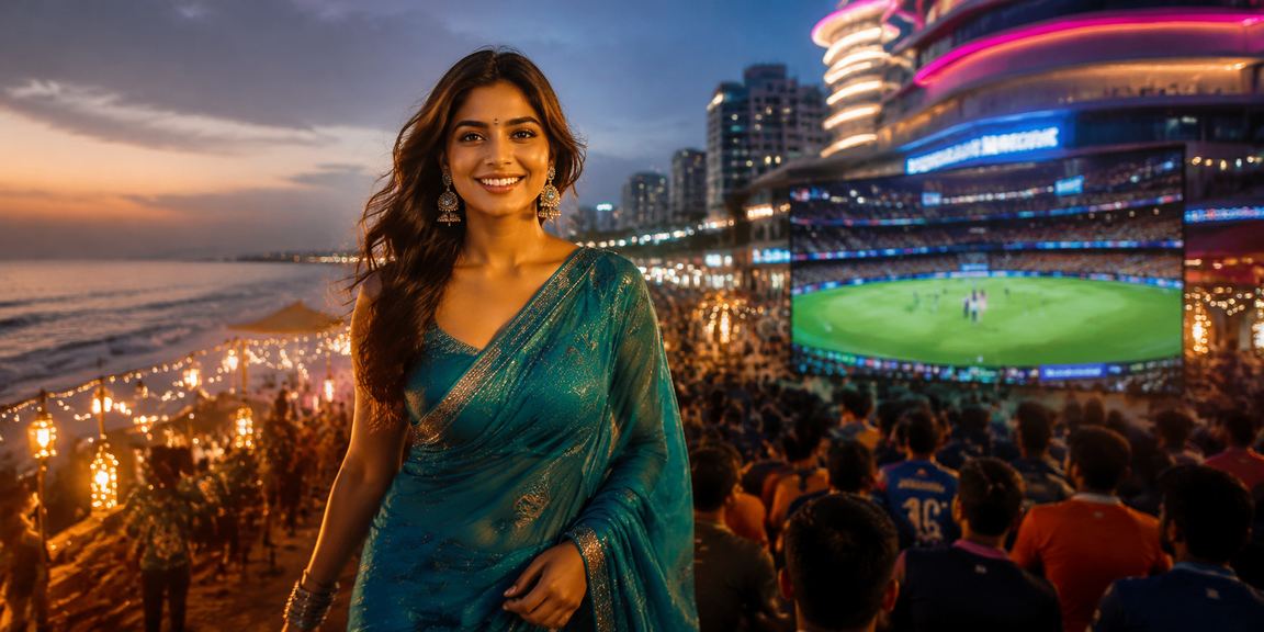 Evening view of Marina Beach in Chennai with cricket betting themes